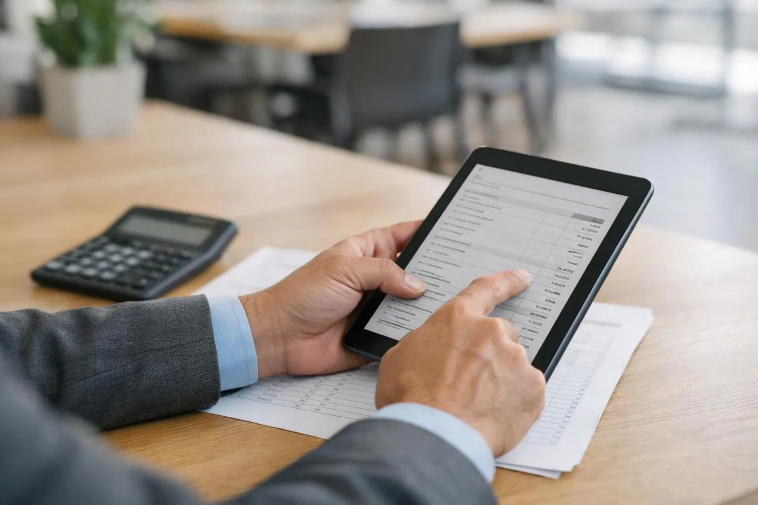Business professional reviewing itemized invoice on digital tablet alongside printed budget spreadsheet and calculator in modern coworking space with natural light, focused on event planning cost breakdown for Lausanne venue