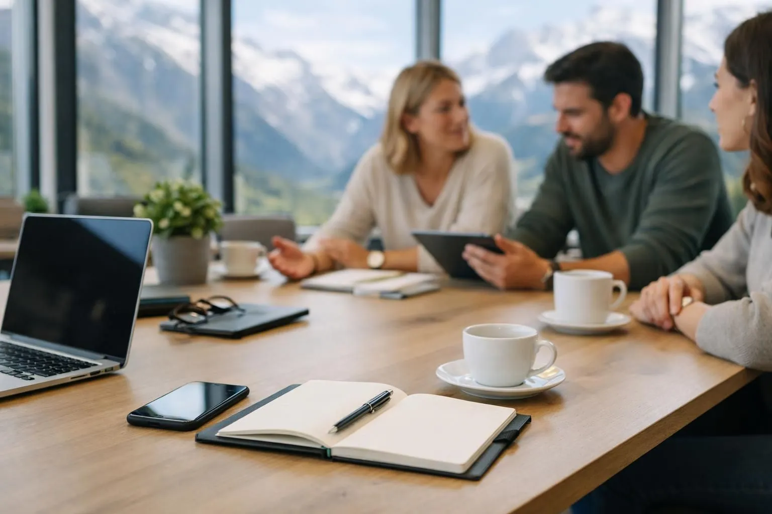 Modern Swiss coworking space with mountain backdrop, diverse entrepreneurs collaborating around workspace tables with laptops and documents, natural lighting from floor-to-ceiling windows showcasing alpine scenery, professional yet relaxed atmosphere representing affordable business domiciliation options
