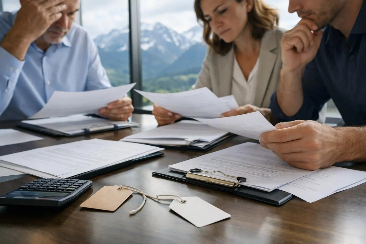 Modern conference room in alpine setting showing hidden costs concept with visible price tags and contract documents on table, businesspeople reviewing invoices with concerned expressions, mountain view through windows, professional lighting emphasizing transparency theme for article about conference room rental in Verbier
