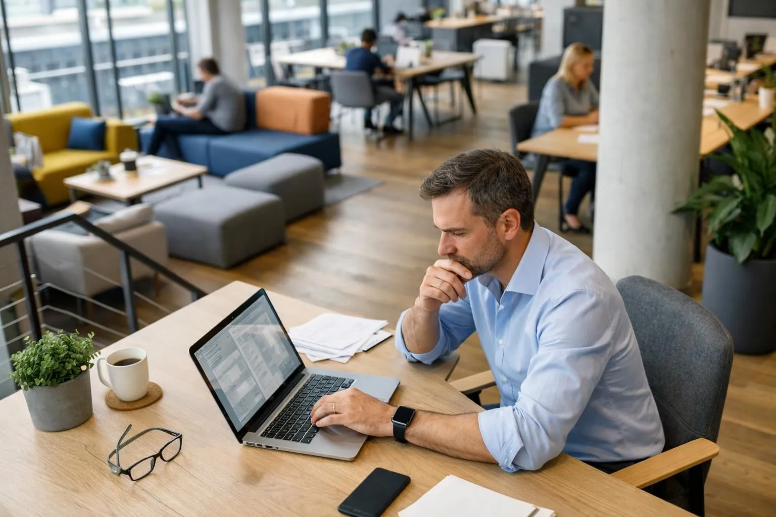 Modern professional analyzing transparent contract documents on laptop in bright coworking space in Lausanne Flon area, showing visible relief and confidence while reviewing clear pricing terms, contemporary office environment with natural light