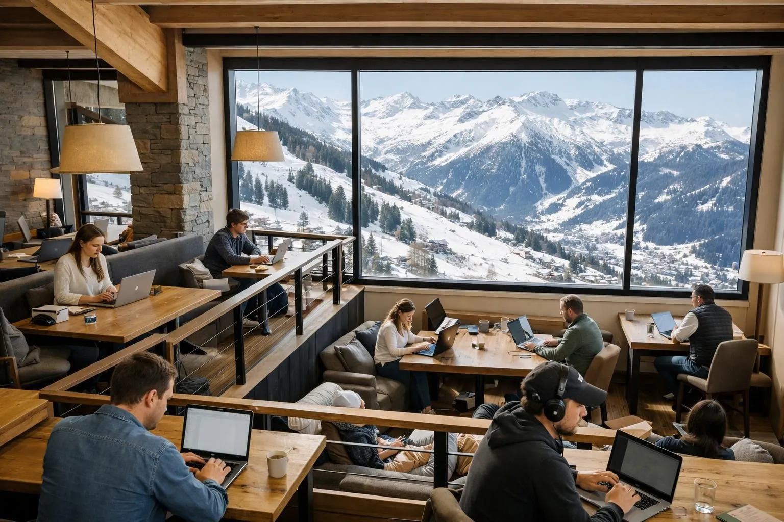 Modern coworking space in alpine setting with entrepreneurs working on laptops near large windows overlooking snowy mountain peaks and ski slopes, natural daylight, professional atmosphere with wooden accents and mountain views of Verbier ski resort