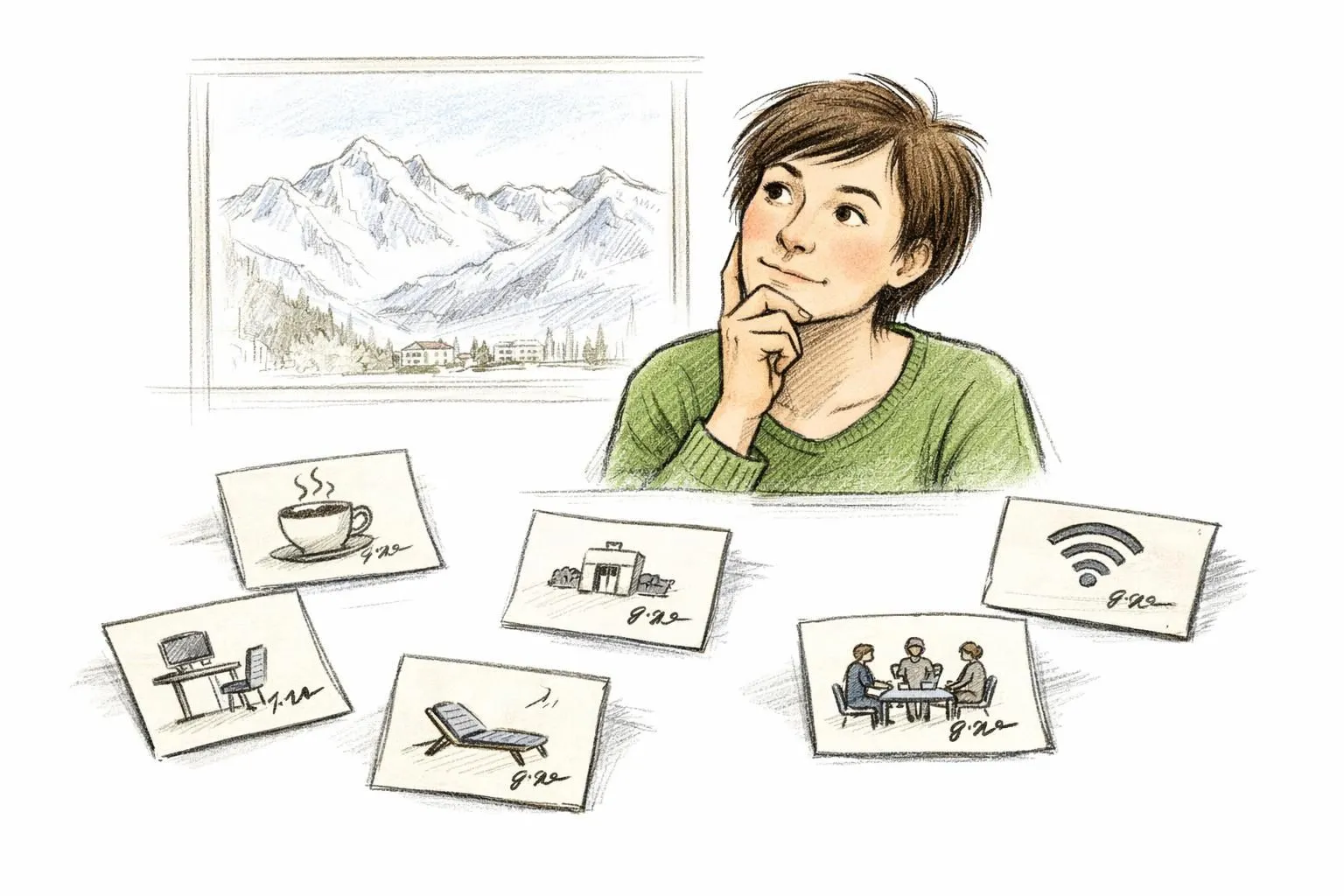 Illustration d'une personne comparant les tarifs de coworking à Verbier, analysant prix et services pour un choix éclairé.