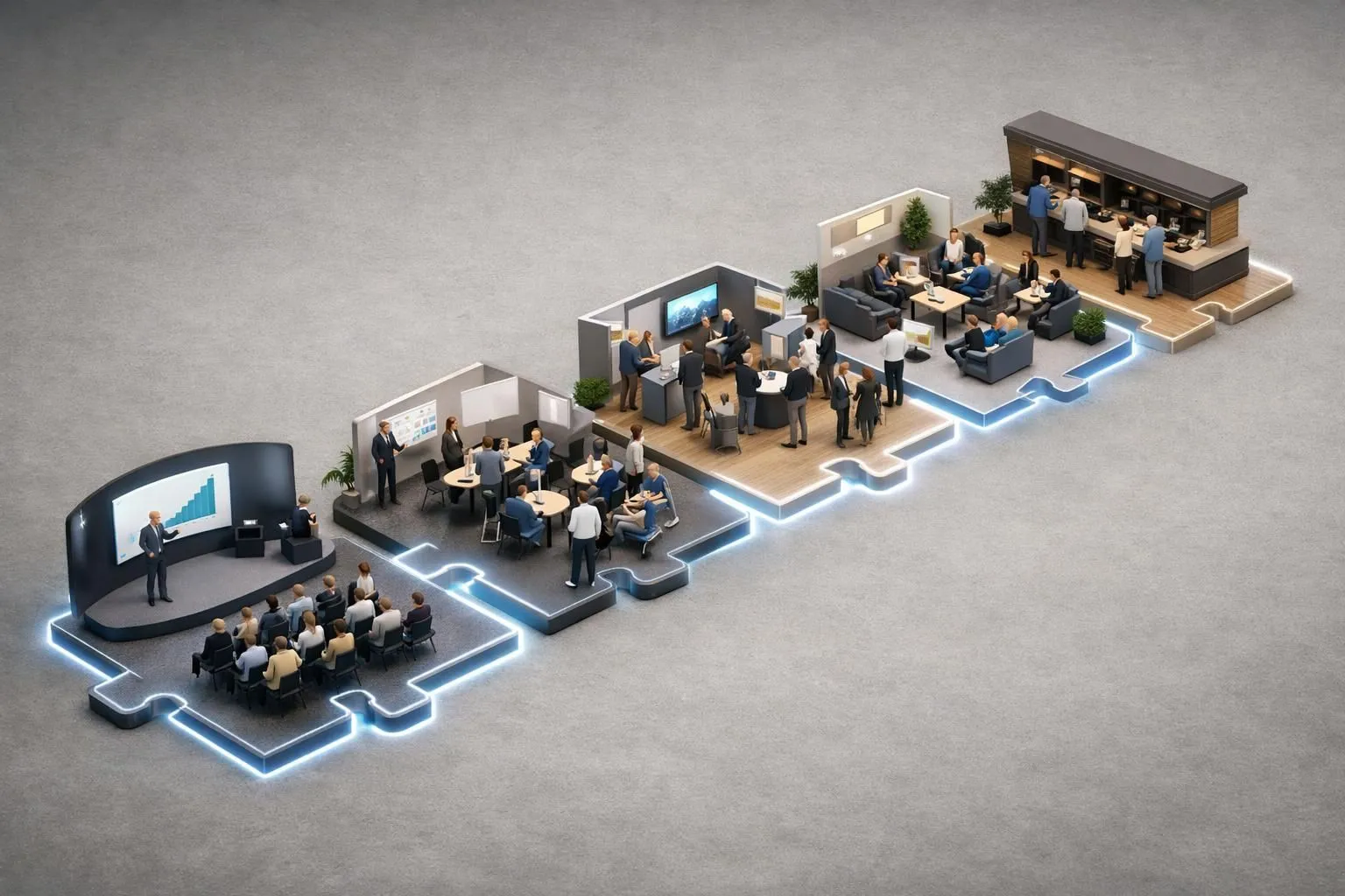 Image 3D isométrique d'espaces événementiels clé en main modernes et modulaires, optimisés pour transformer vos événements d'