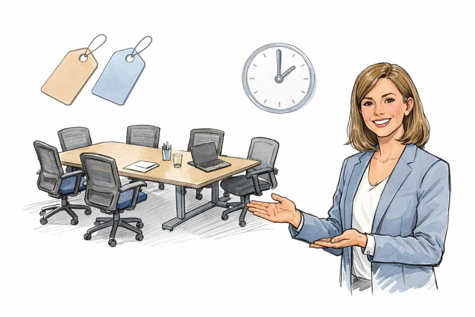 Image esquissée d'une salle de conférence lumineuse avec des icônes de prix et d'heure, parfaite pour un prix horaire transpa