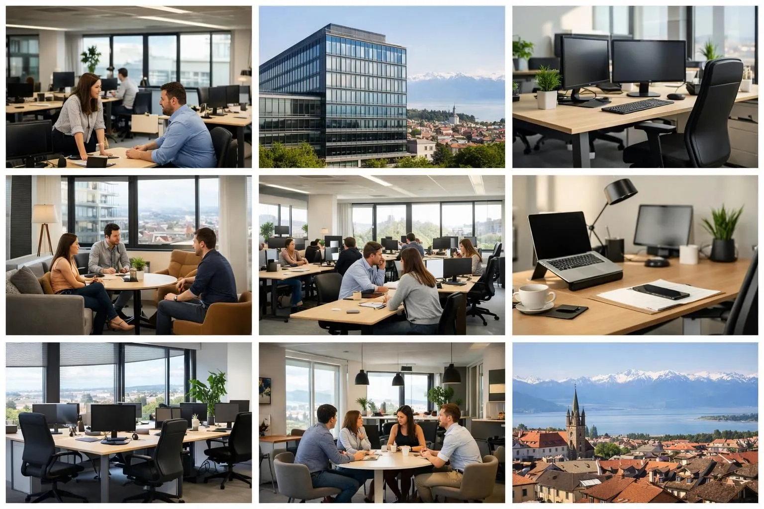 Collage d'open spaces à Lausanne, illustrant les facteurs influençant le prix et le budget des bureaux en 2026.