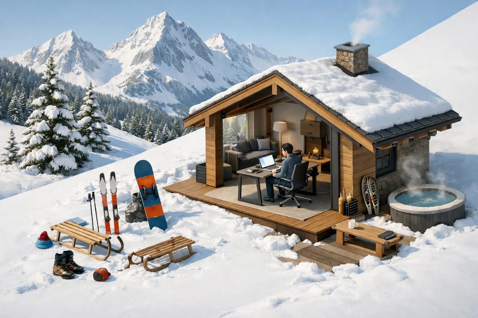 Scène isométrique moderne: télétravailleur en chalet alpin avec skis et vue sur les Alpes. Coworking sports d'hiver Verbier.