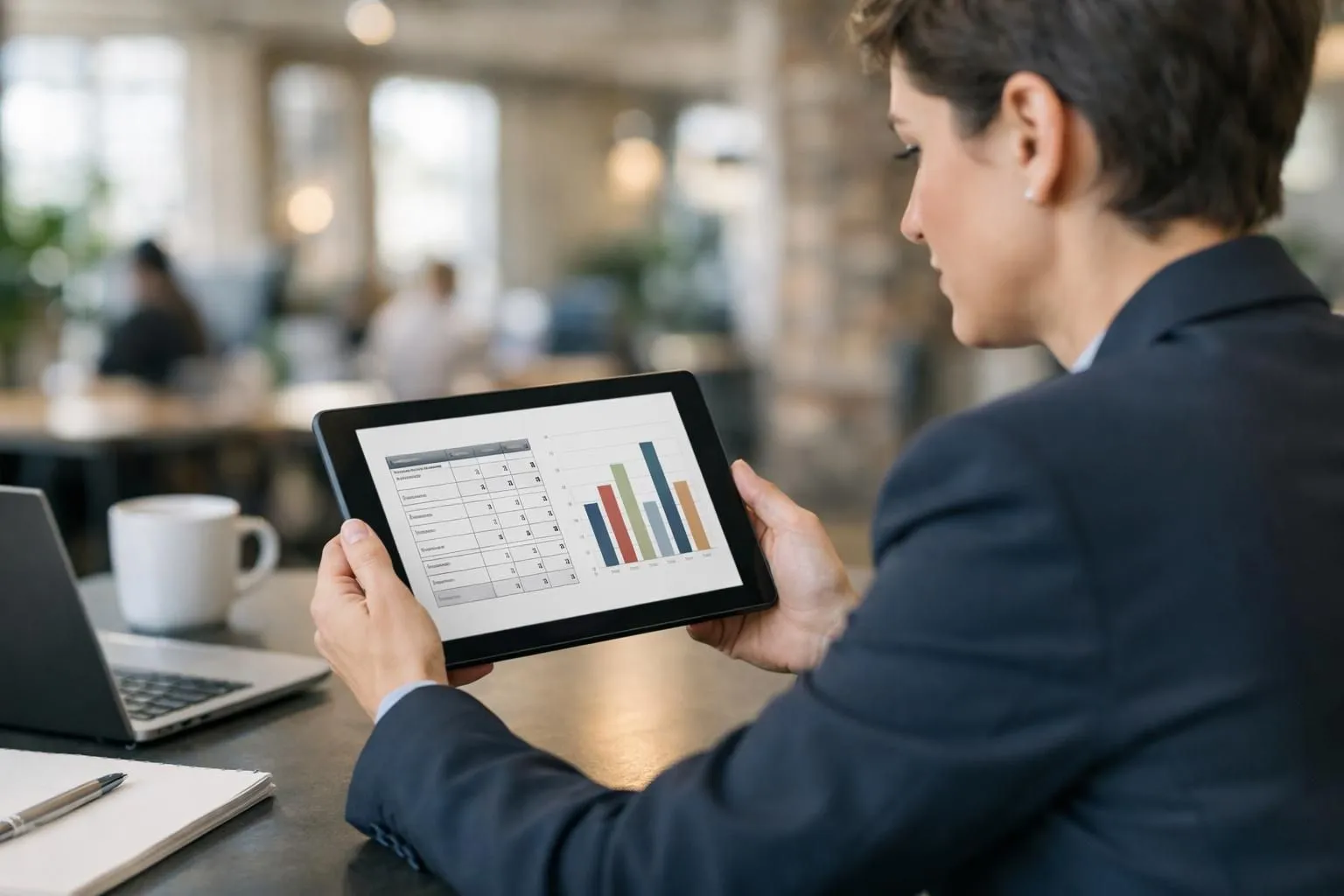 Professionnel analysant la comparaison des tarifs coworking Lausanne sur tablette. Budget des espaces de travail partagés opt
