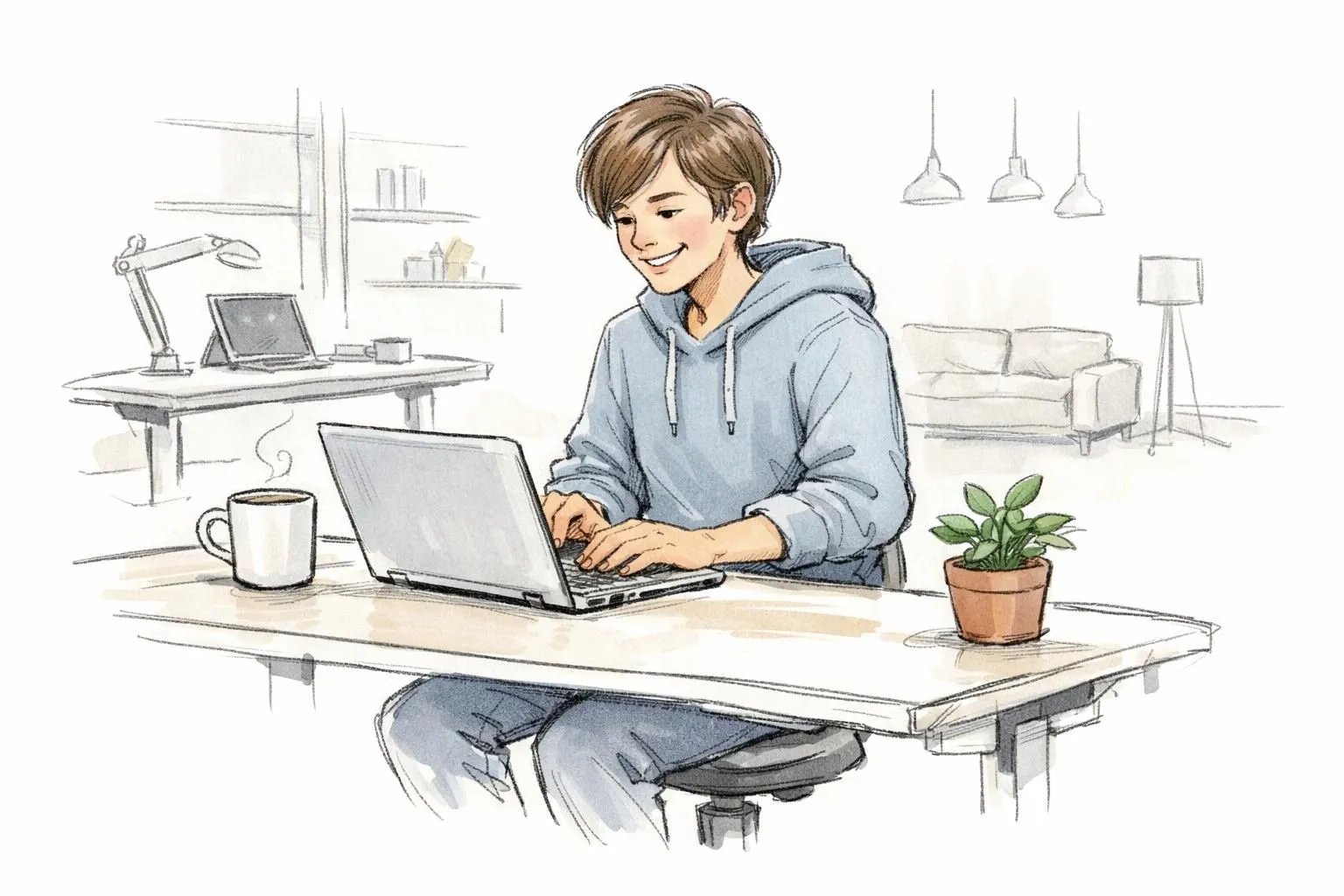 Croquis: personne productive dans un coworking flexible à Genève. Idéal pour booster votre productivité.