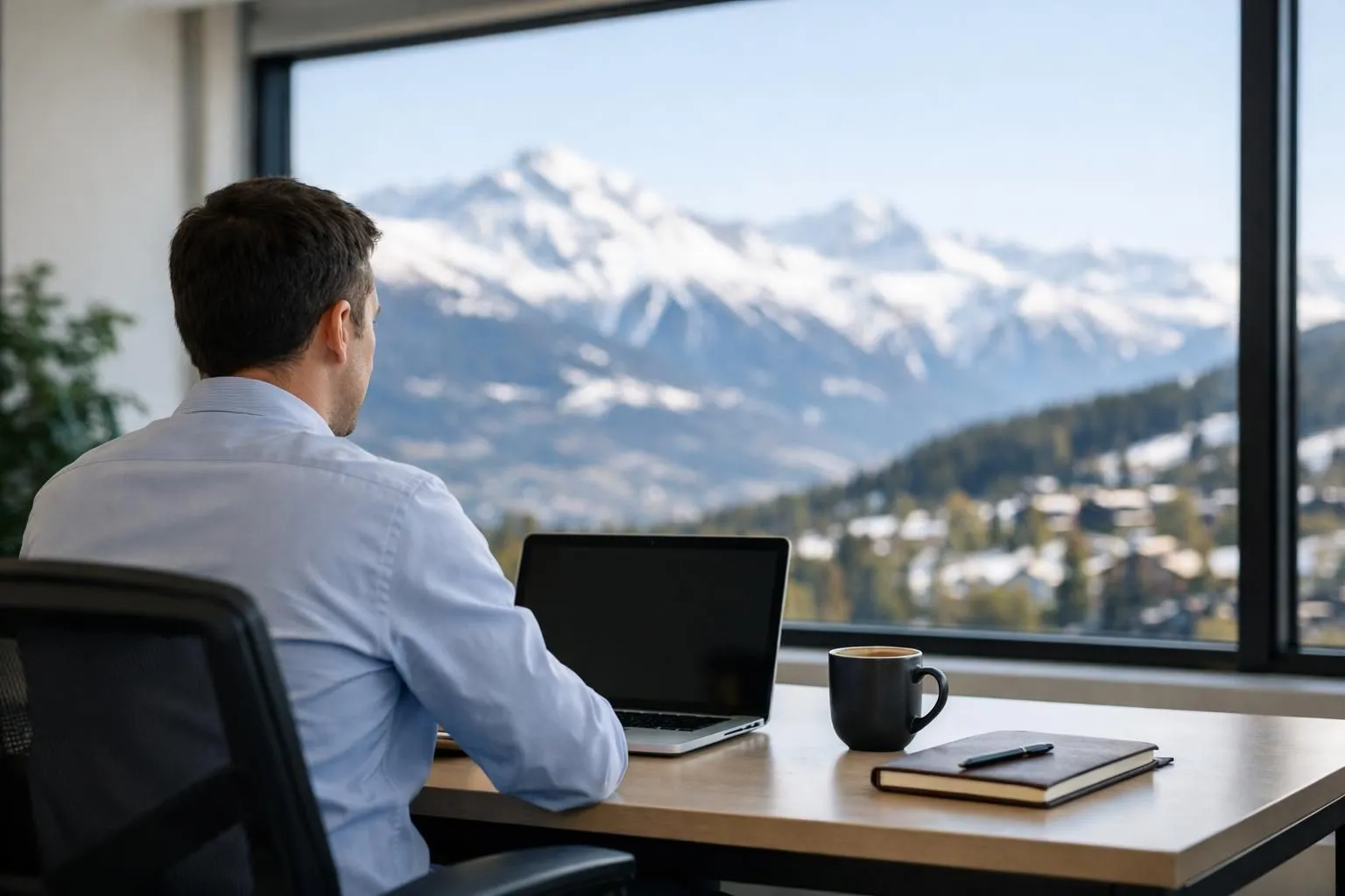 Forfait mensuel coworking Crans-Montana: professionnel travaillant sereinement dans un bureau moderne avec vue alpine.