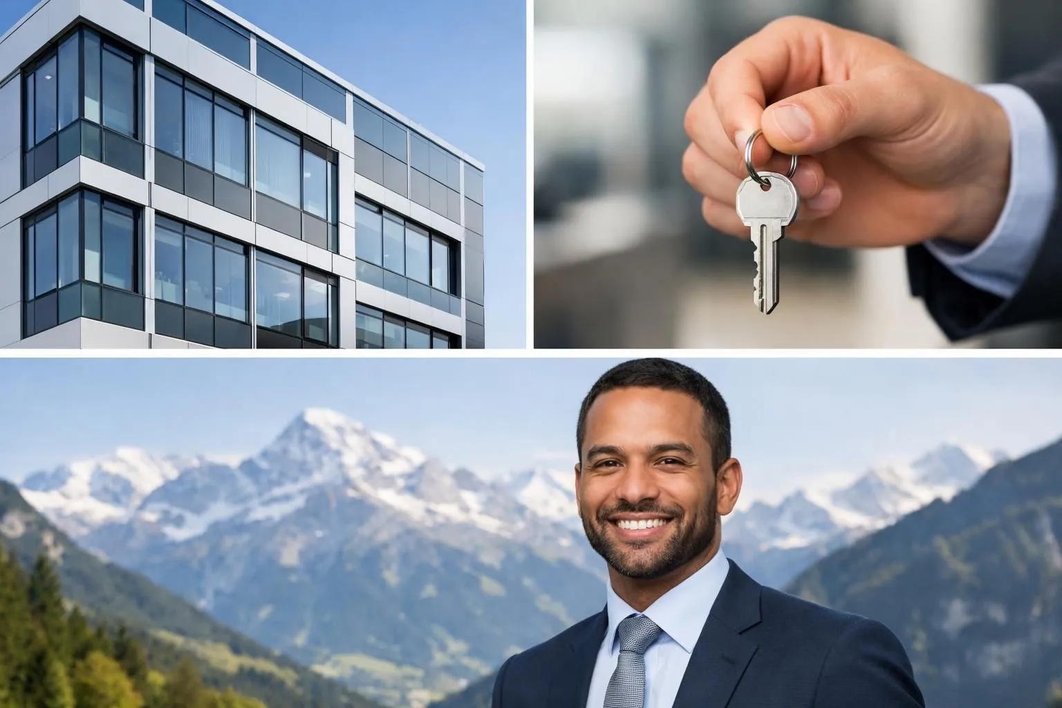 Domiciliation pour SAS en Suisse: façade d'immeuble moderne, clé, et expert souriant. Service d'adresse d'entreprise suisse.