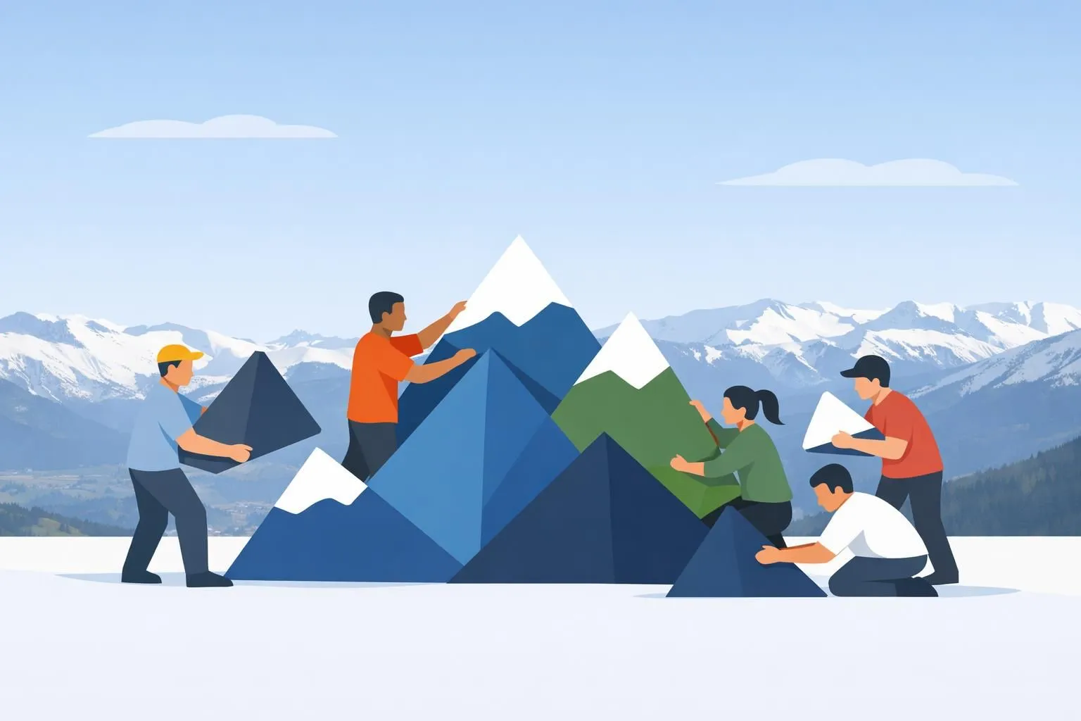 Événement team building Crans-Montana: illustration minimaliste d'équipe collaborative construisant une montagne en altitude.