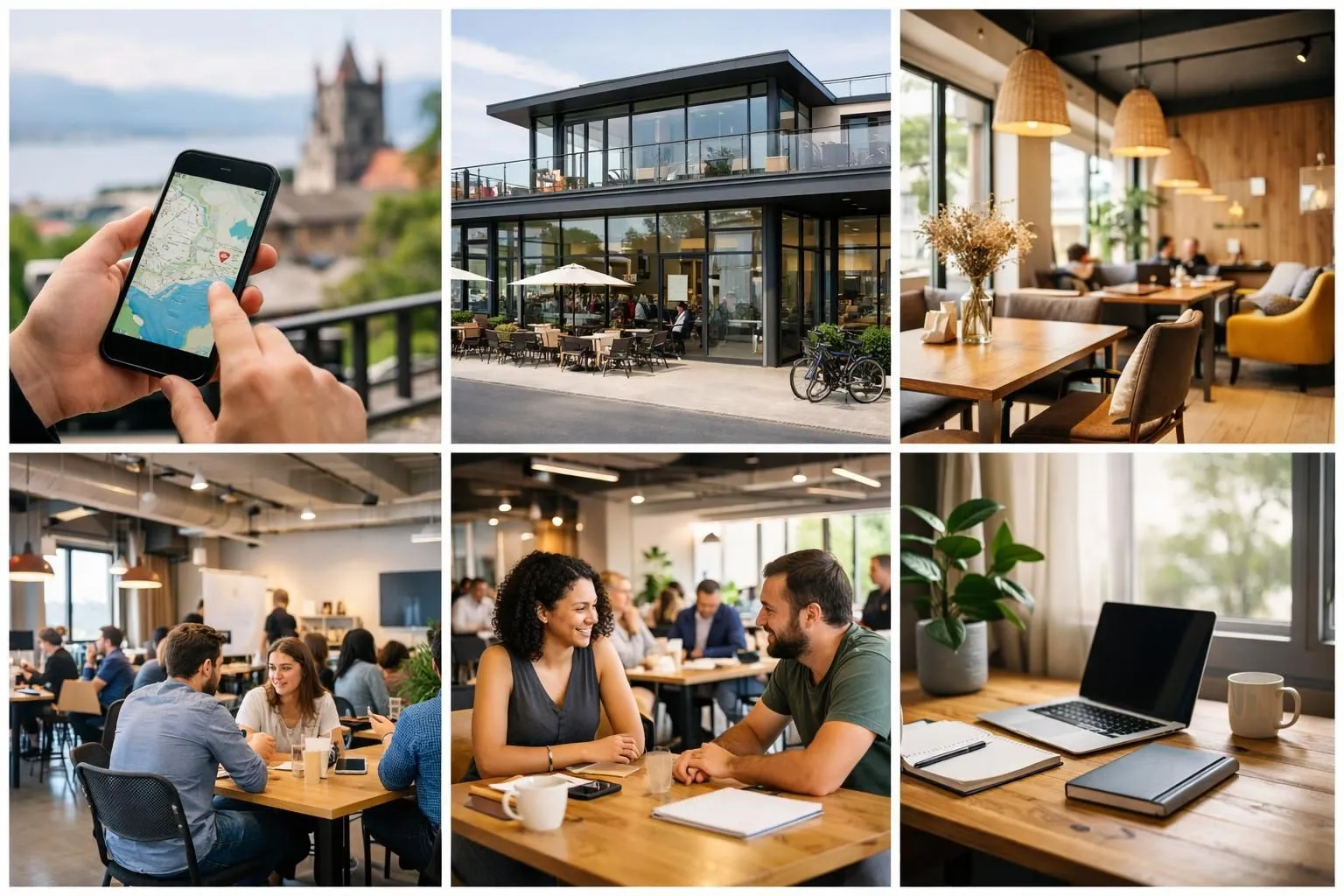 Collage photo: diverses ambiances pour un espace de travail inspirant à Lausanne. Guide pour 2026.