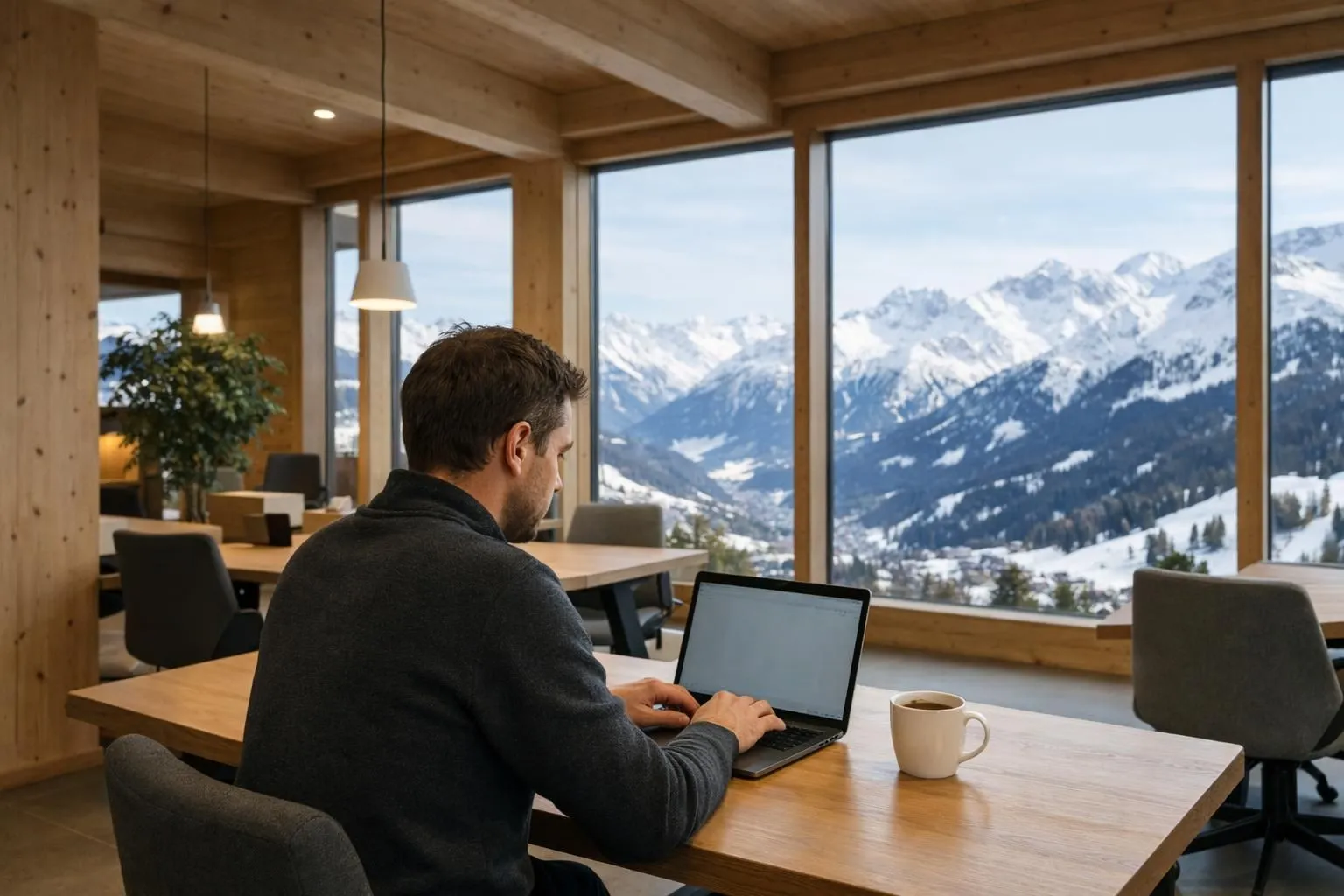 Professional entrepreneur working on MacBook in modern alpine coworking space with large windows showing snow-covered Verbier mountains, wooden interior, warm lighting, minimal design, coffee cup on desk, productive atmosphere