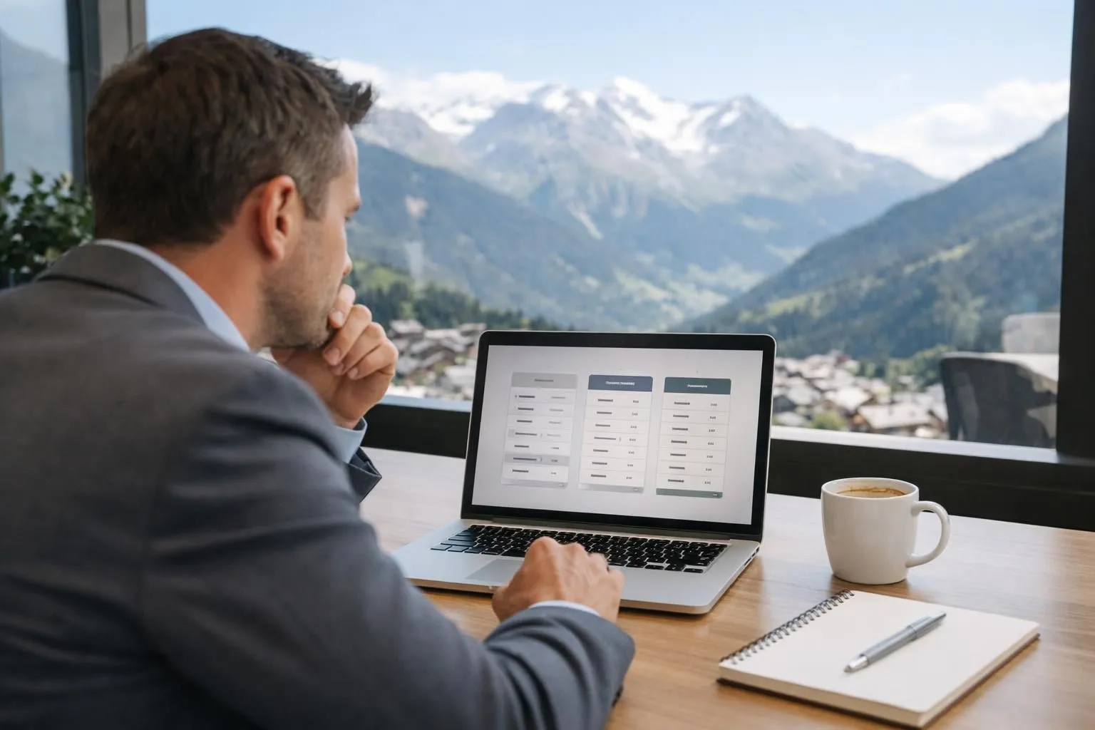 Professional entrepreneur comparing coworking pricing options on laptop screen showing spreadsheets and price comparisons, workspace with coffee cup and notepad, natural daylight through window, modern Verbier office environment with mountain view visible in background, realistic photo style