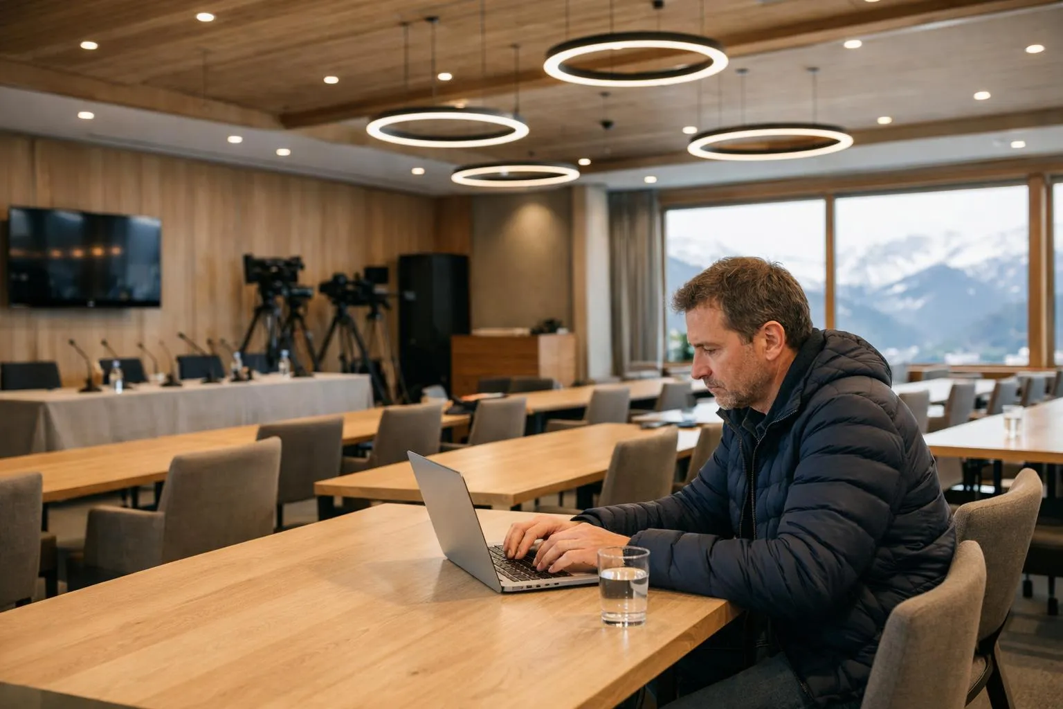 Salle de presse moderne à Verbier, équipée pour les journalistes, espace professionnel et confortable