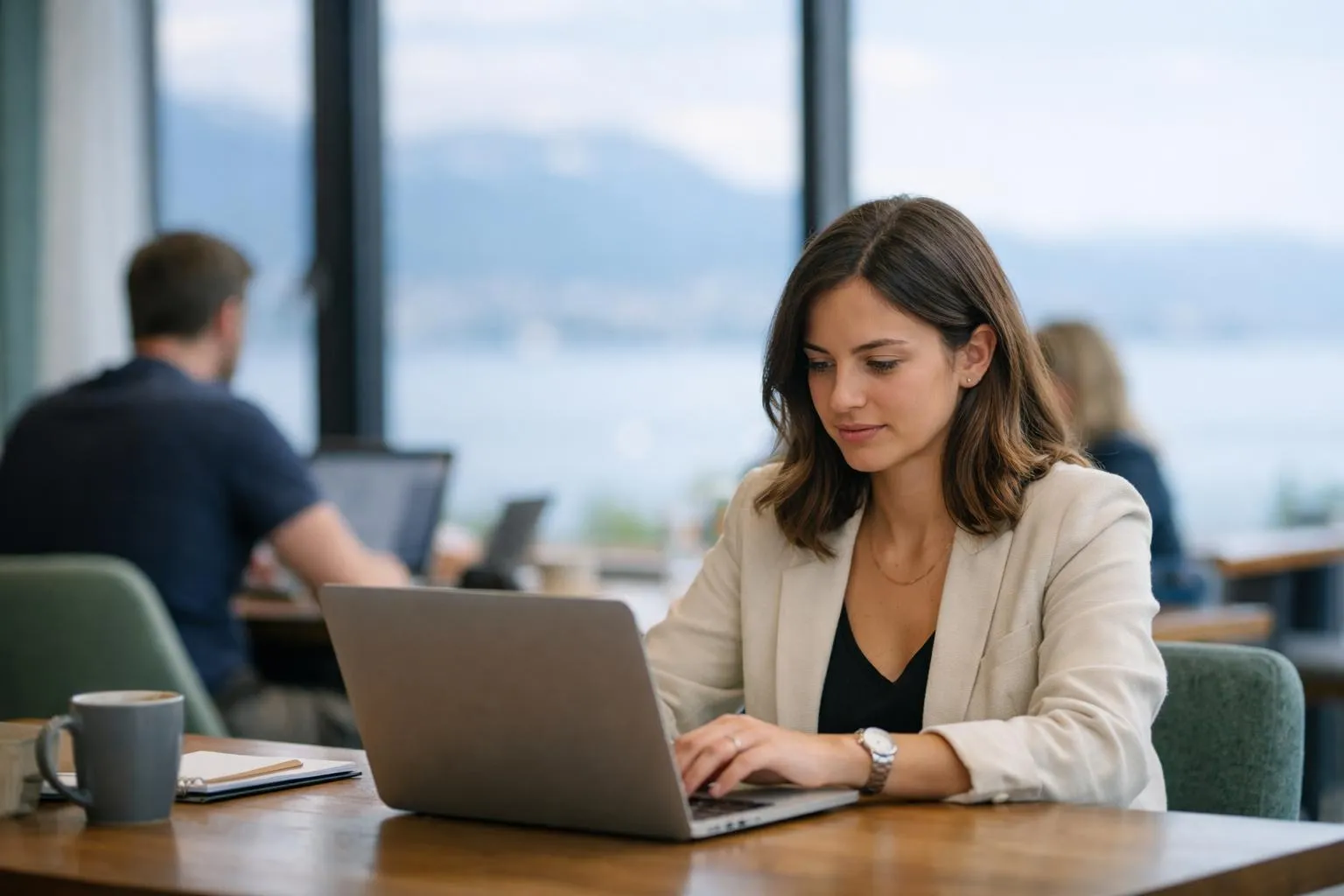 Espace de coworking à Lausanne centre-ville, un professionnel travaillant sur son ordinateur portable dans un environnement m