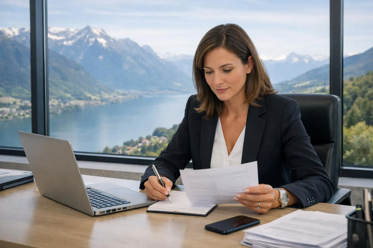 "Assistante administrative dans un bureau virtuel suisse, consultant les tarifs de domiciliation en 2026"