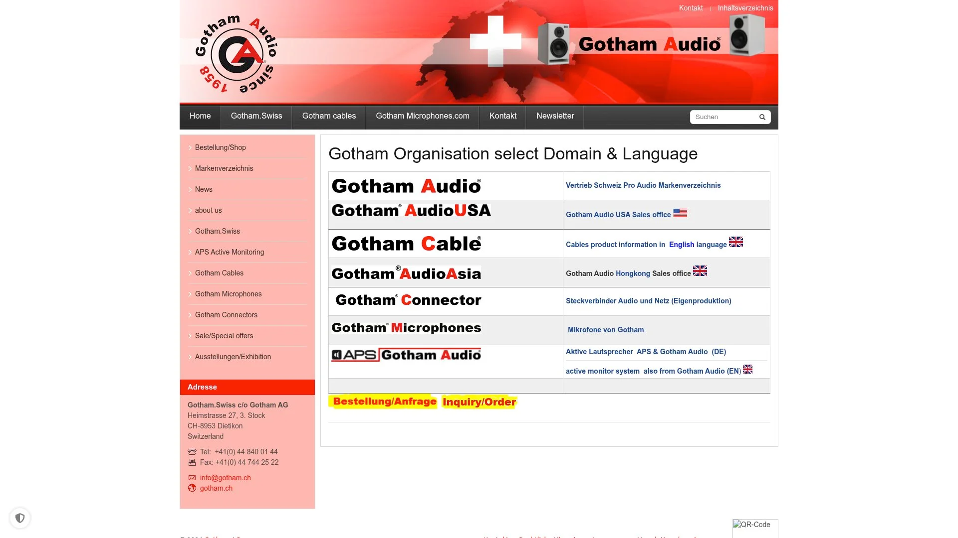 Site web de Gotham Audio avec différentes divisions et produits.