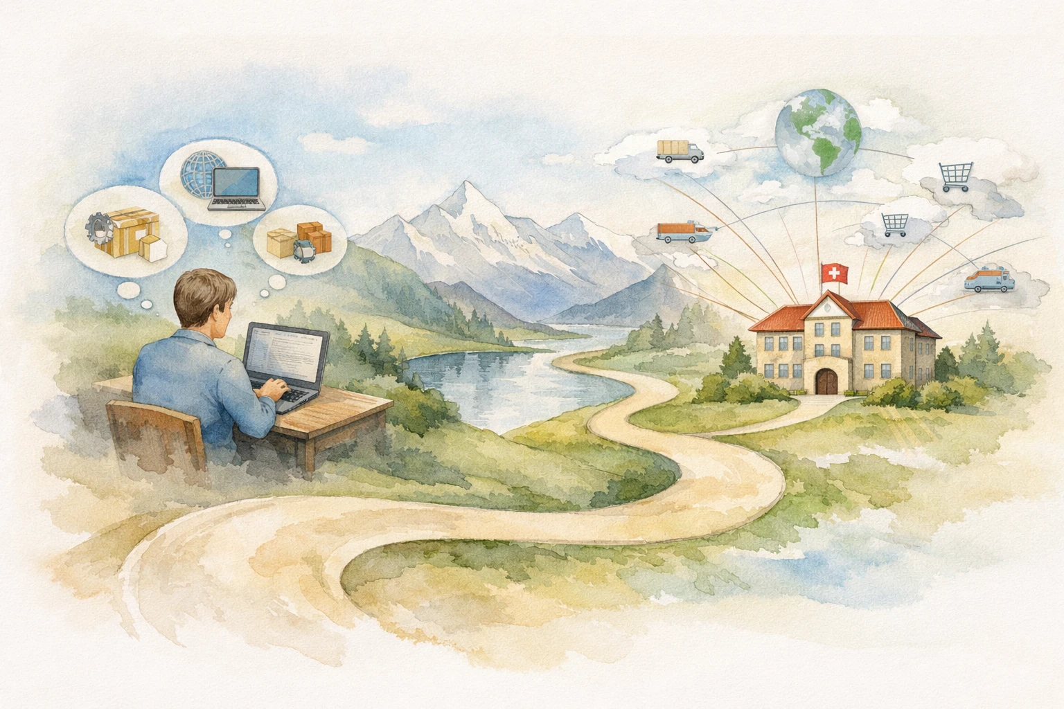 Aquarelle illustrant le parcours de domiciliation entreprise e-commerce suisse, de l'idée à l'expédition globale.