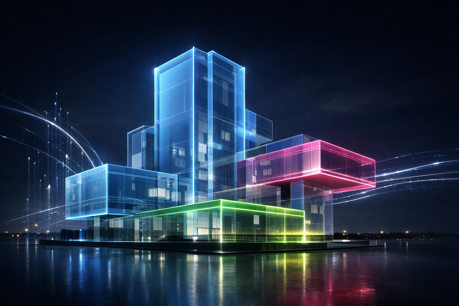 Avantages domiciliation entreprise virtuelle 2026: Immeuble stylisé néon symbolisant un siège social numérique futuriste.