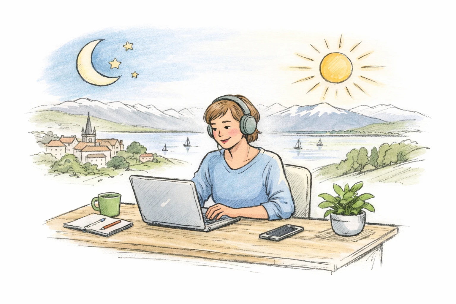 Dessin esquisse: espace de coworking avec accès 24/7 à Lausanne, ambiance flexible et moderne.