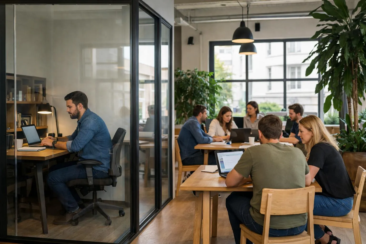 Espace de coworking avec bureau privé et open space de travail