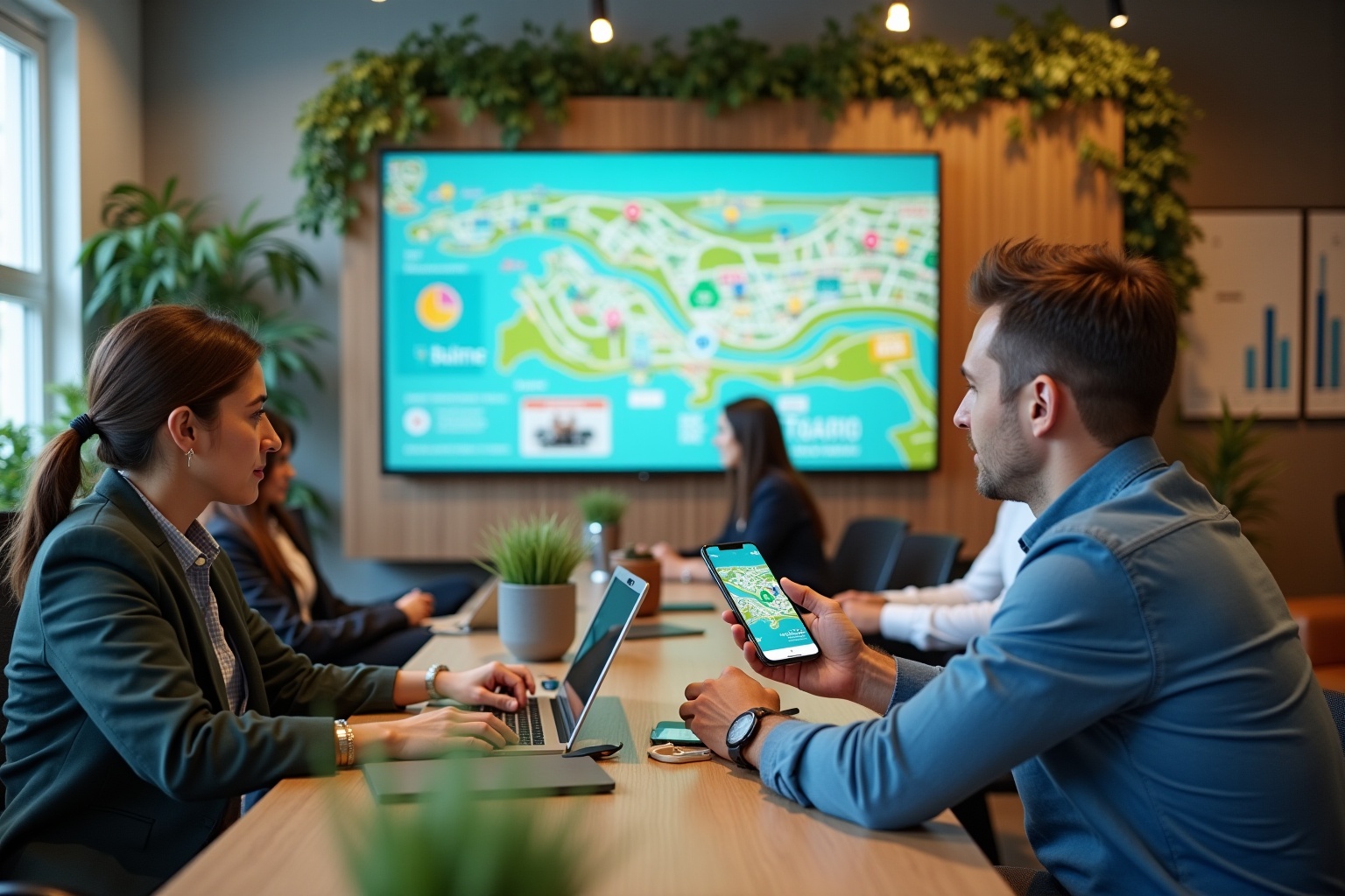 Un groupe de personnes travaille dans un espace de coworking avec un pass touristique pour explorer la ville en France.