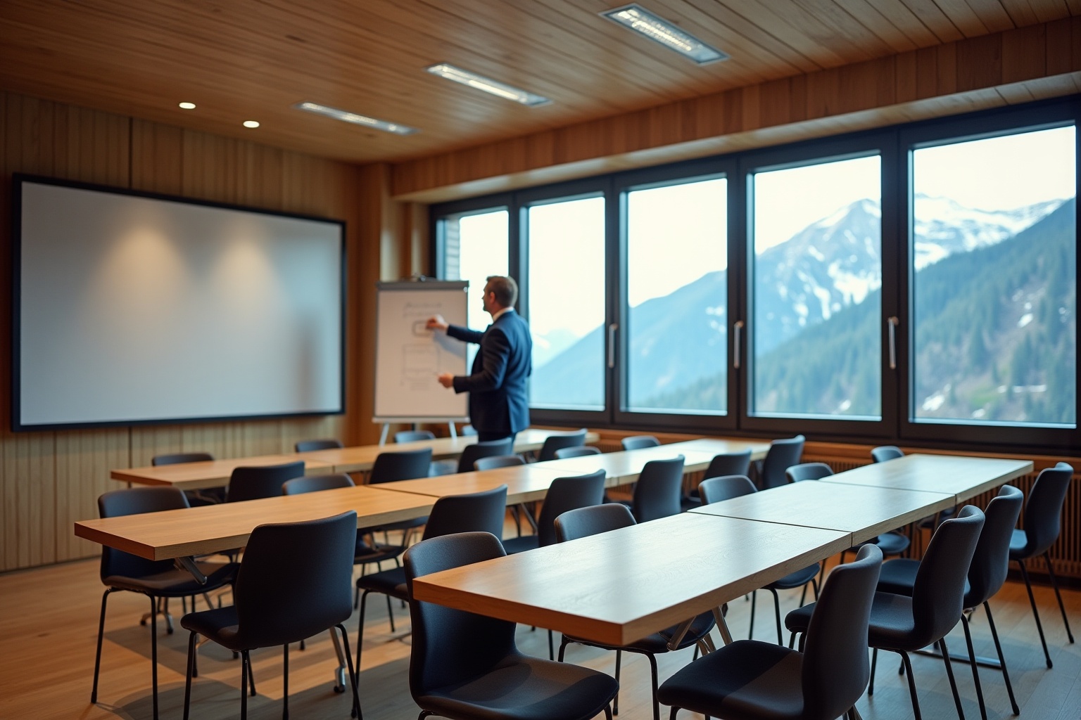 Salle de séminaire à Verbier, équipée pour des réunions professionnelles avec vue sur les montagnes.