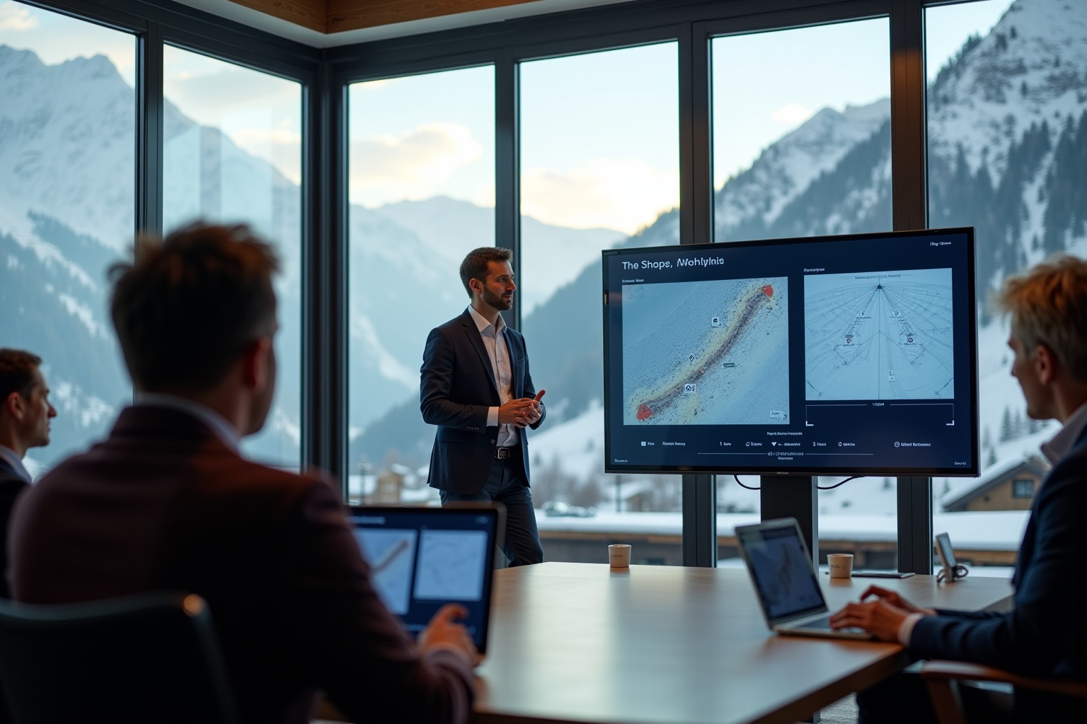 "Organisation événement sur mesure à Verbier, discussion avec un client dans une salle de conférence moderne"