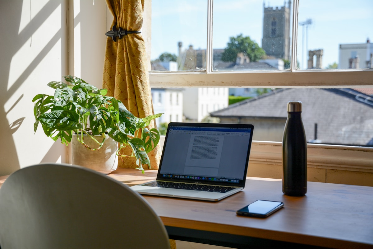 Bureau de travail avec ordinateur portable, plante verte et vue sur la ville.