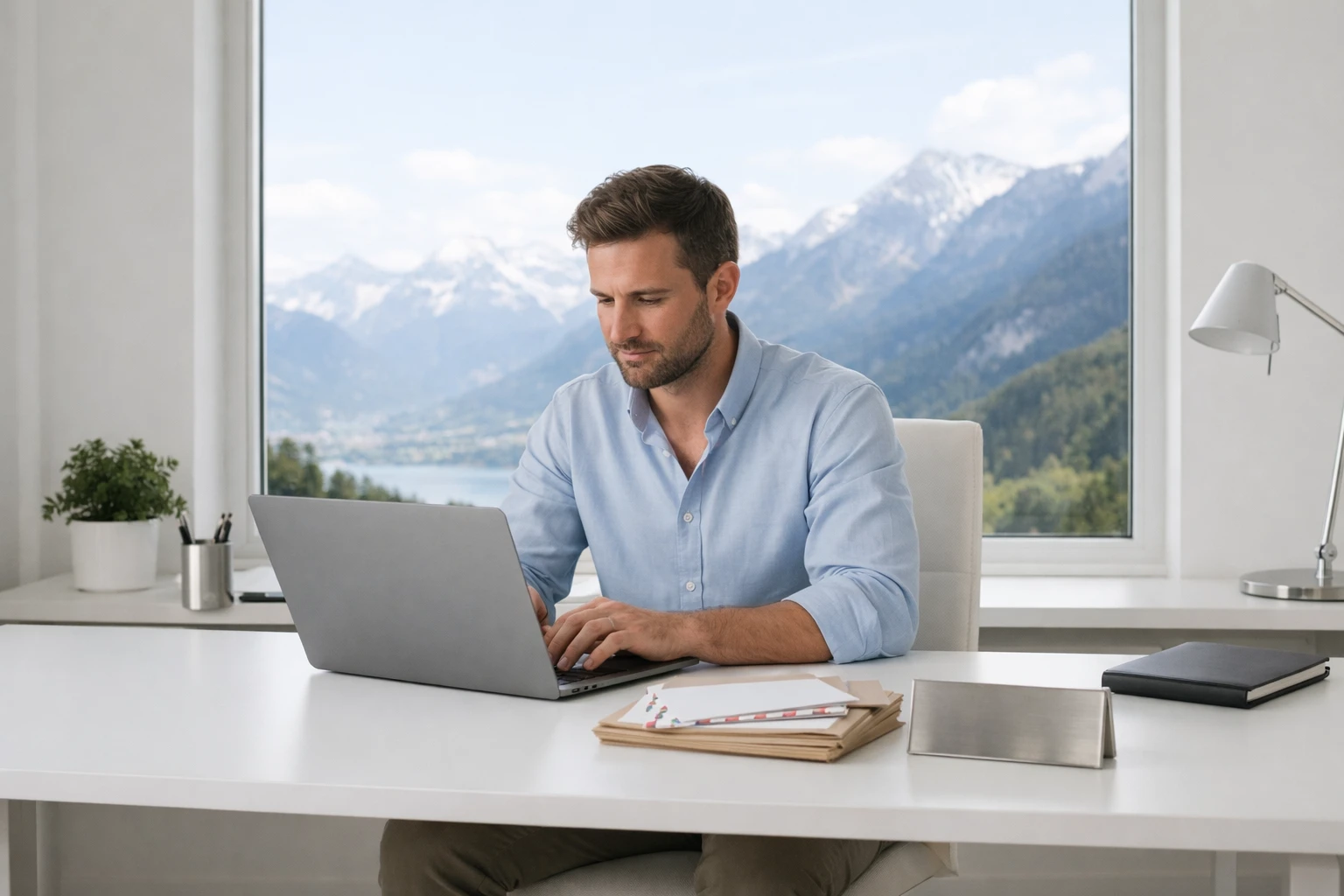 Un entrepreneur suisse moderne travaillant sur un ordinateur portable sur un bureau minimaliste avec des enveloppes de réexpédition postale et une plaque d'adresse professionnelle visible, un environnement de bureau propre avec vue sur les montagnes par la fenêtre.