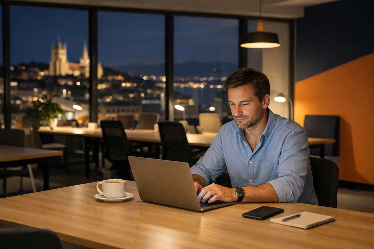 Un entrepreneur professionnel travaille tard le soir dans un espace de coworking moderne à Lausanne, avec un ordinateur portable, un éclairage chaleureux, une tasse de café et une vue sur la ville la nuit.