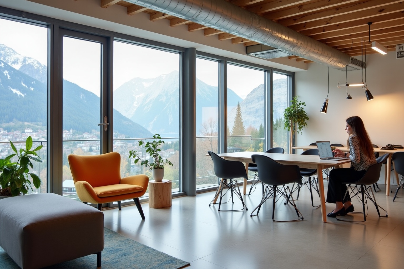 Espace de travail moderne avec vue panoramique sur les montagnes.