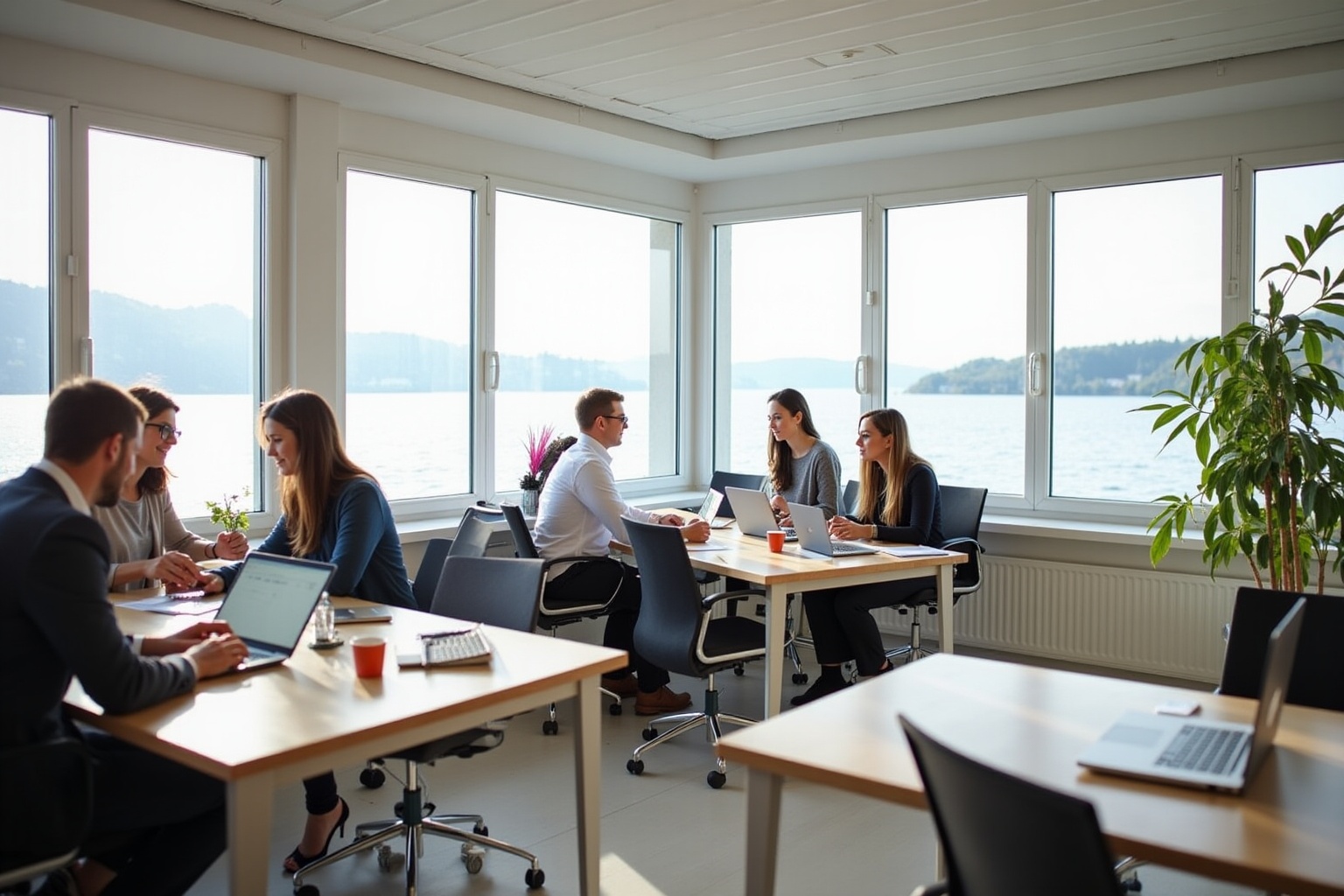 Réunion d'équipe dans un bureau avec vue panoramique sur le lac.