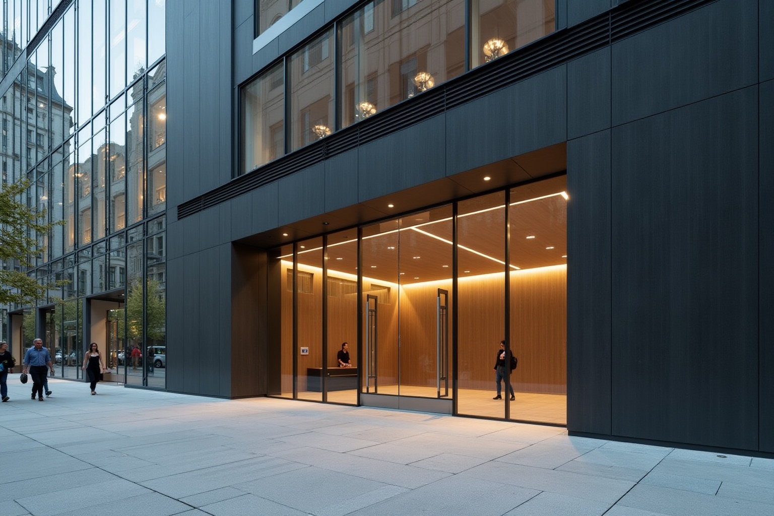 Immeuble moderne avec façade en verre et éclairage intérieur.