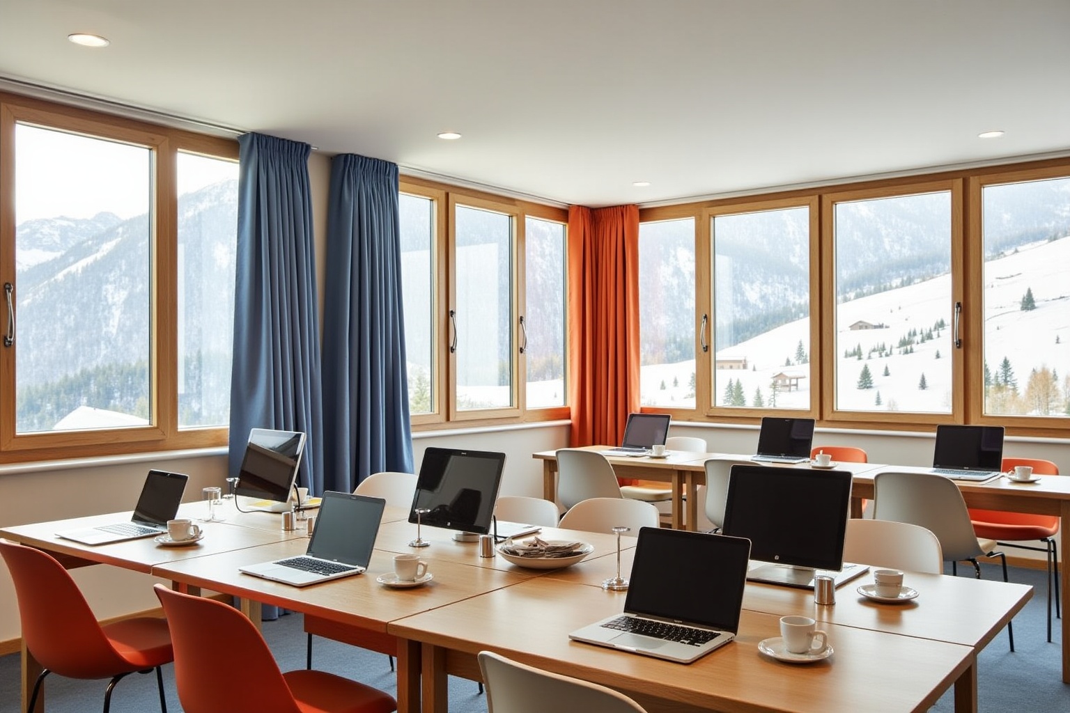 Salle de réunion avec vue panoramique sur les montagnes enneigées.