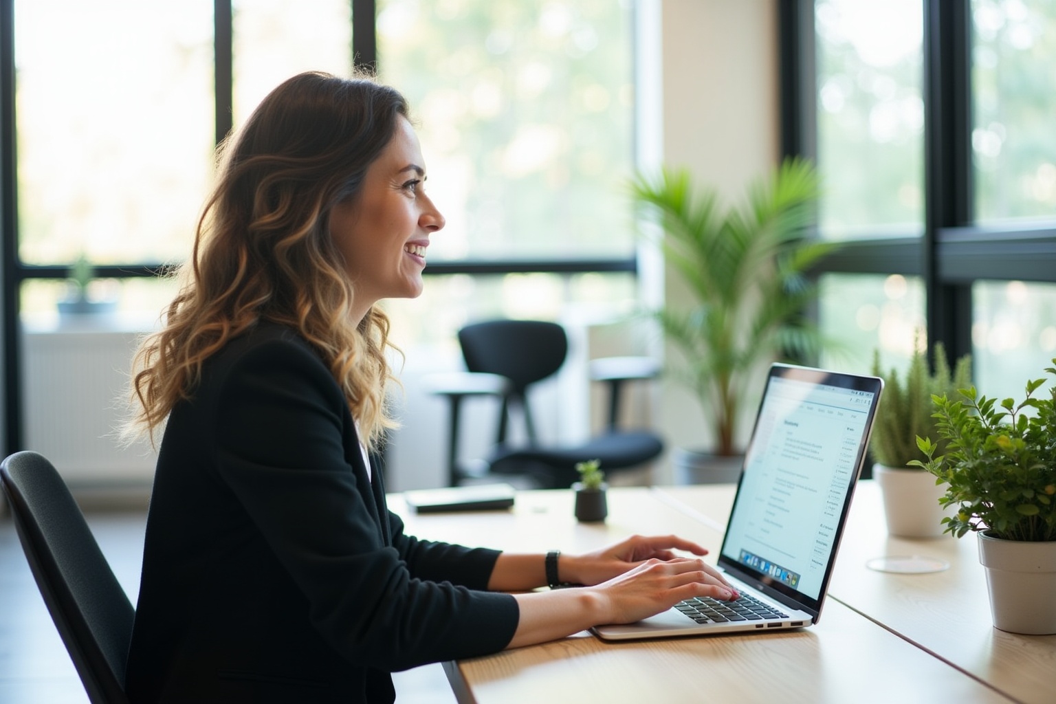 Femme d'affaires travaillant sur un ordinateur portable dans un bureau lumineux.