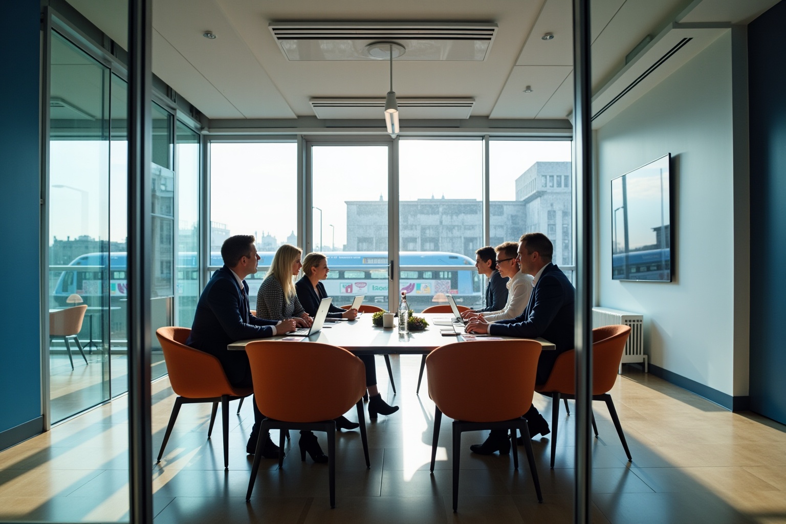 Réunion d'affaires dans un bureau moderne avec vue panoramique.