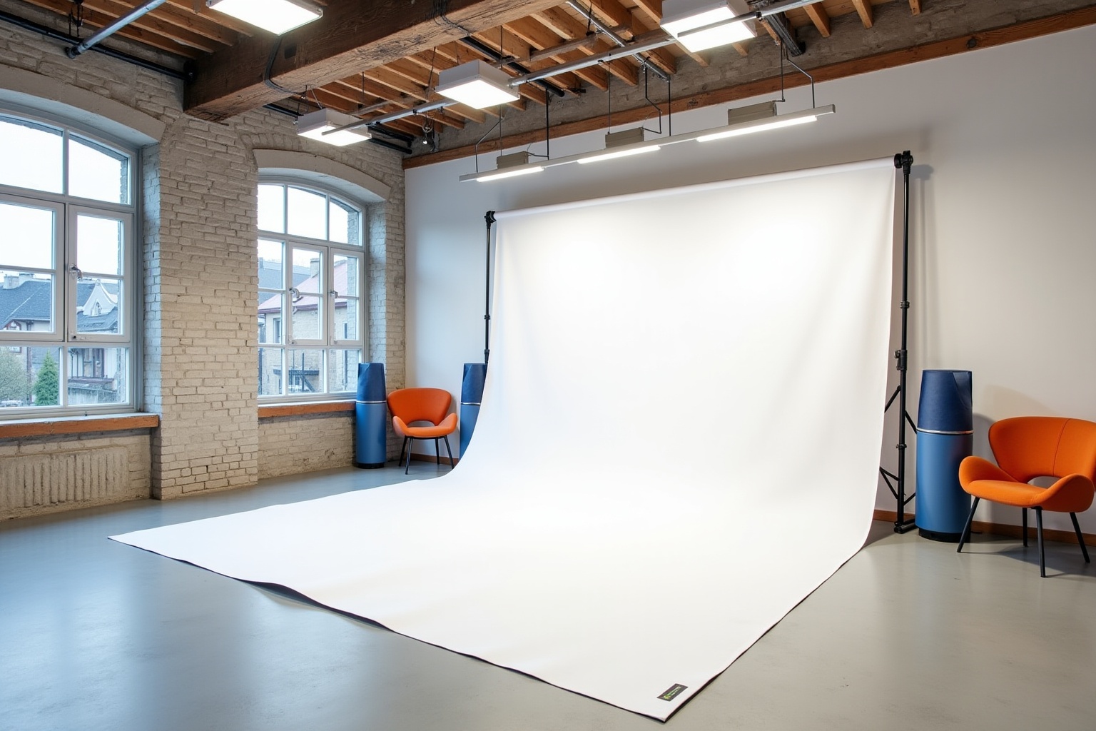 Studio de photographie avec fond blanc et meubles orange.