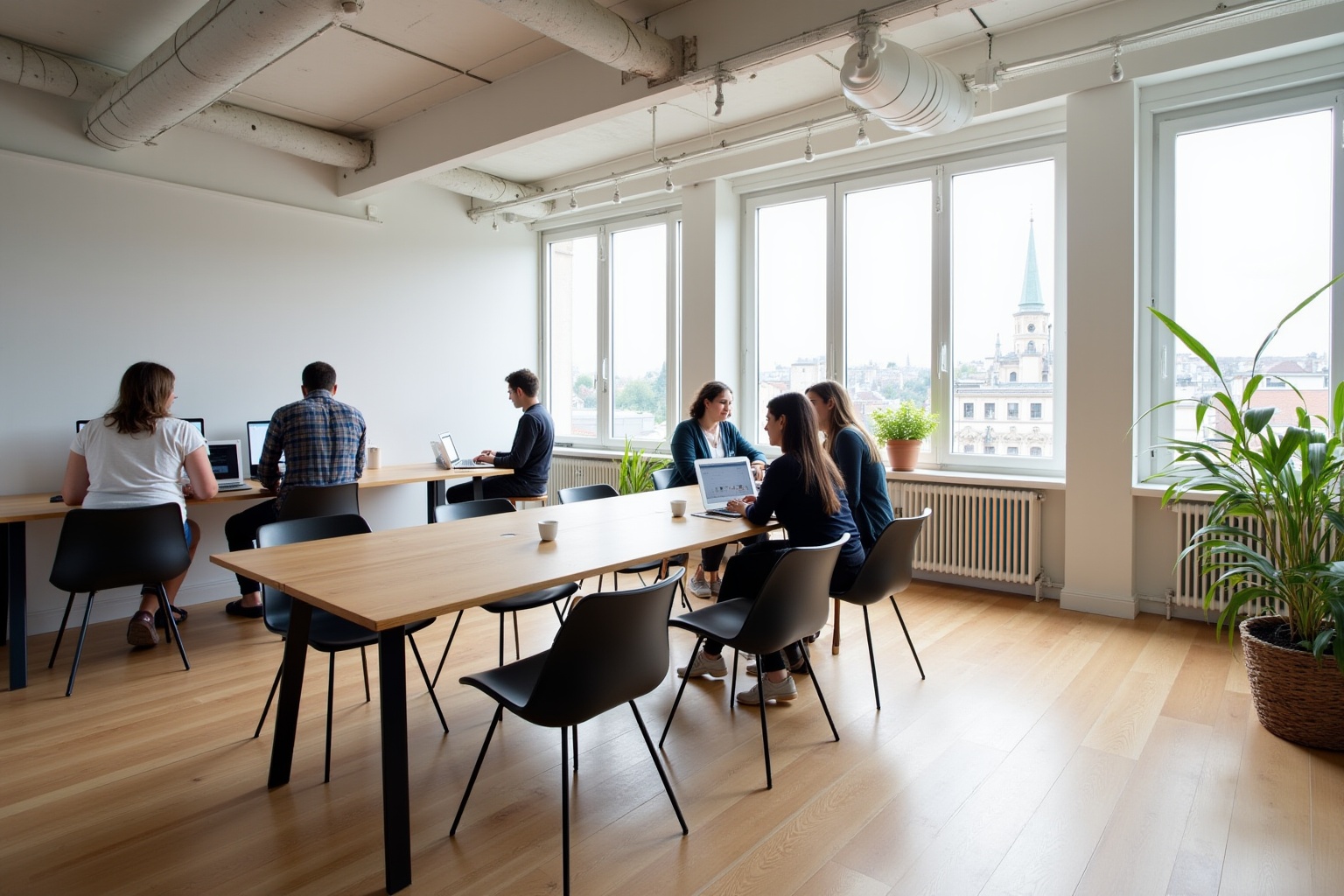 Salle de réunion moderne avec fenêtres panoramiques et équipe de travail.