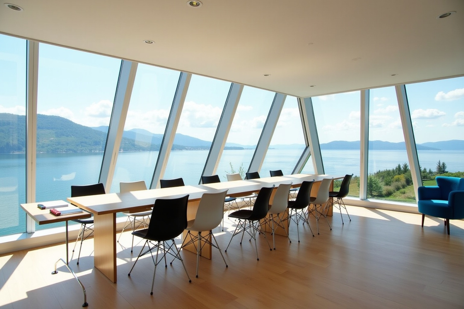 Salle de réunion moderne avec vue panoramique sur un lac de montagne.