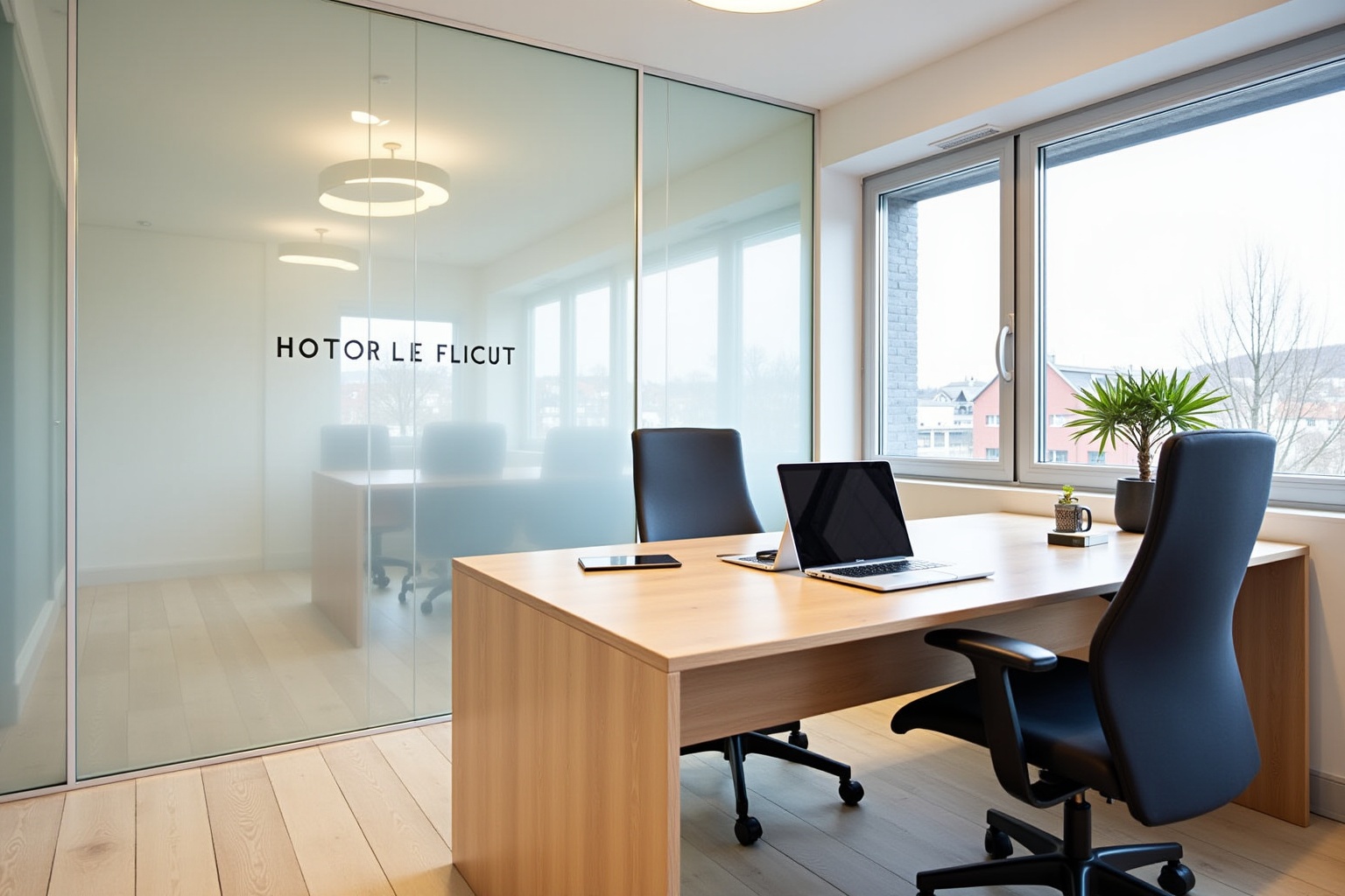 Bureau moderne avec ordinateurs portables et plante verte.