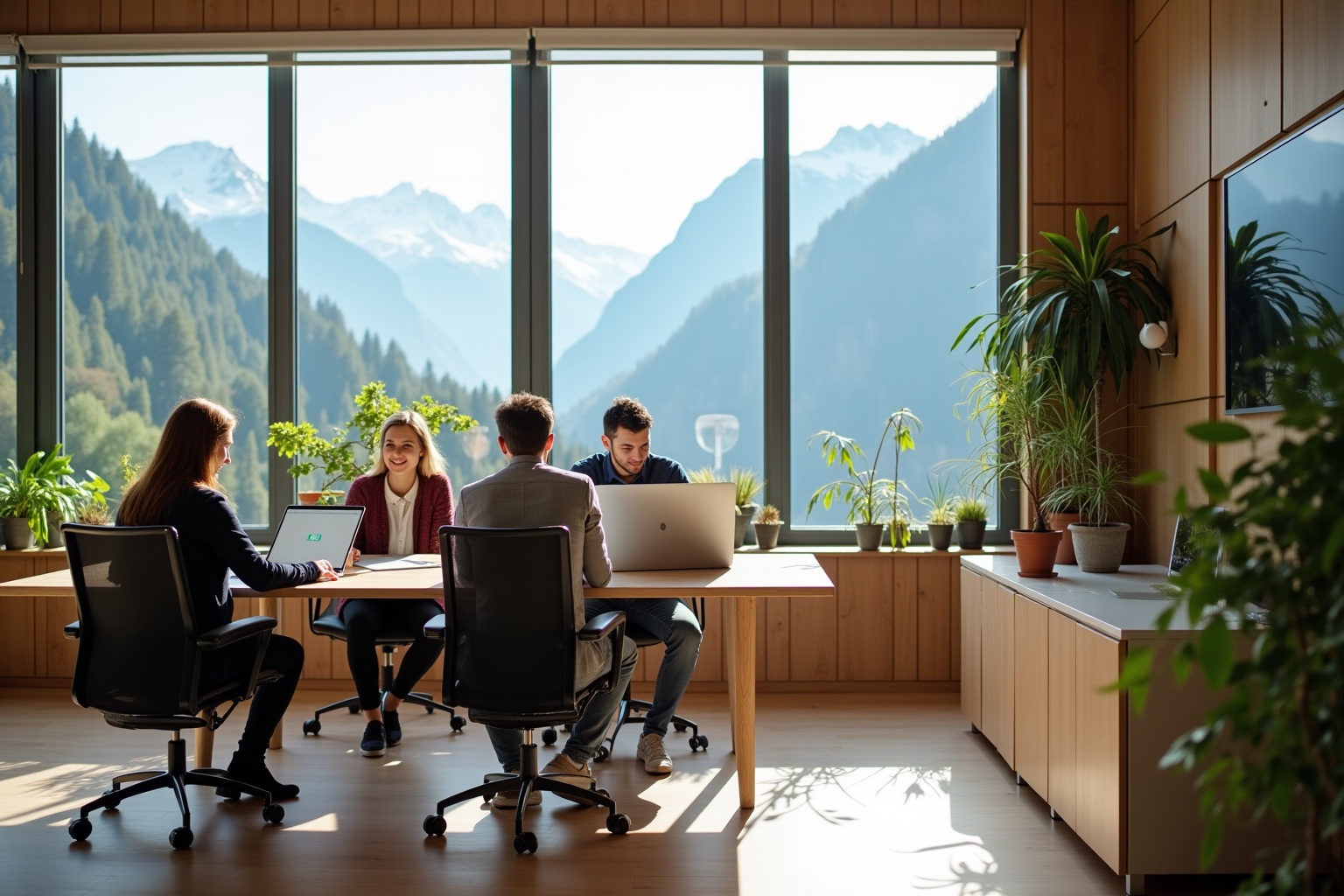 Groupe de personnes travaillant dans un bureau avec vue panoramique sur les montagnes.