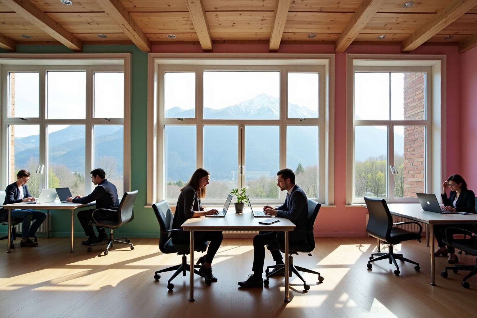 Salle de réunion moderne avec vue panoramique sur les montagnes.