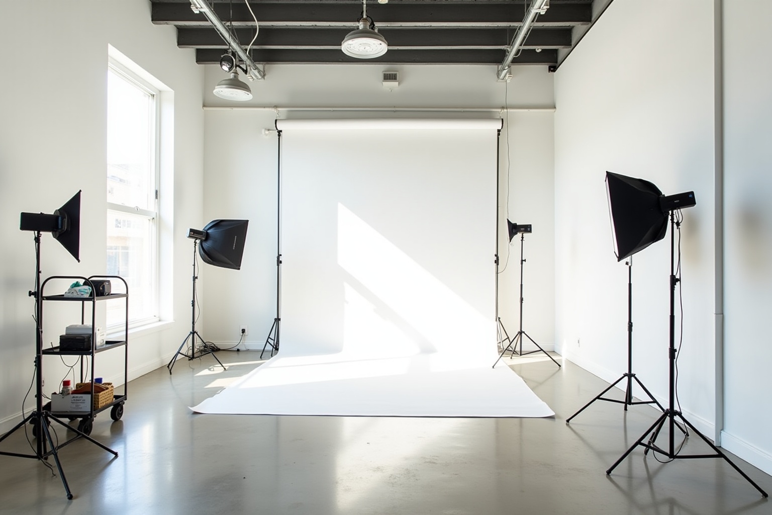 Studio photo avec équipement d'éclairage et fond blanc.
