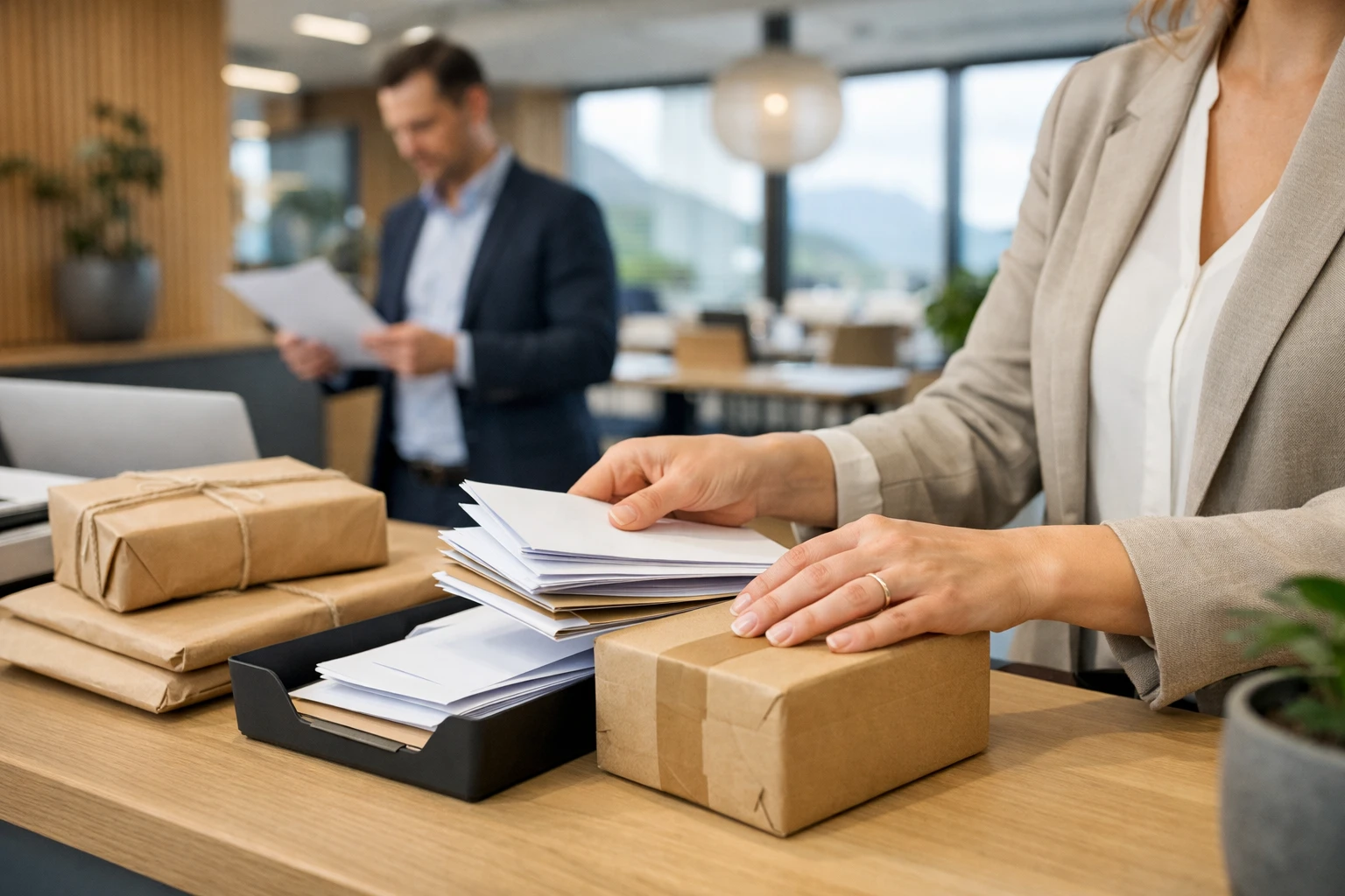 Réceptionniste professionnelle dans un espace de coworking moderne, organisant le courrier et les colis, avec un entrepreneur en arrière-plan examinant des documents, bureau suisse contemporain lumineux avec accents en bois.