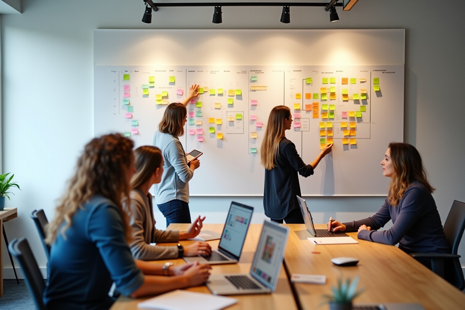 Réunion d'équipe dans un espace de travail moderne et collaboratif.