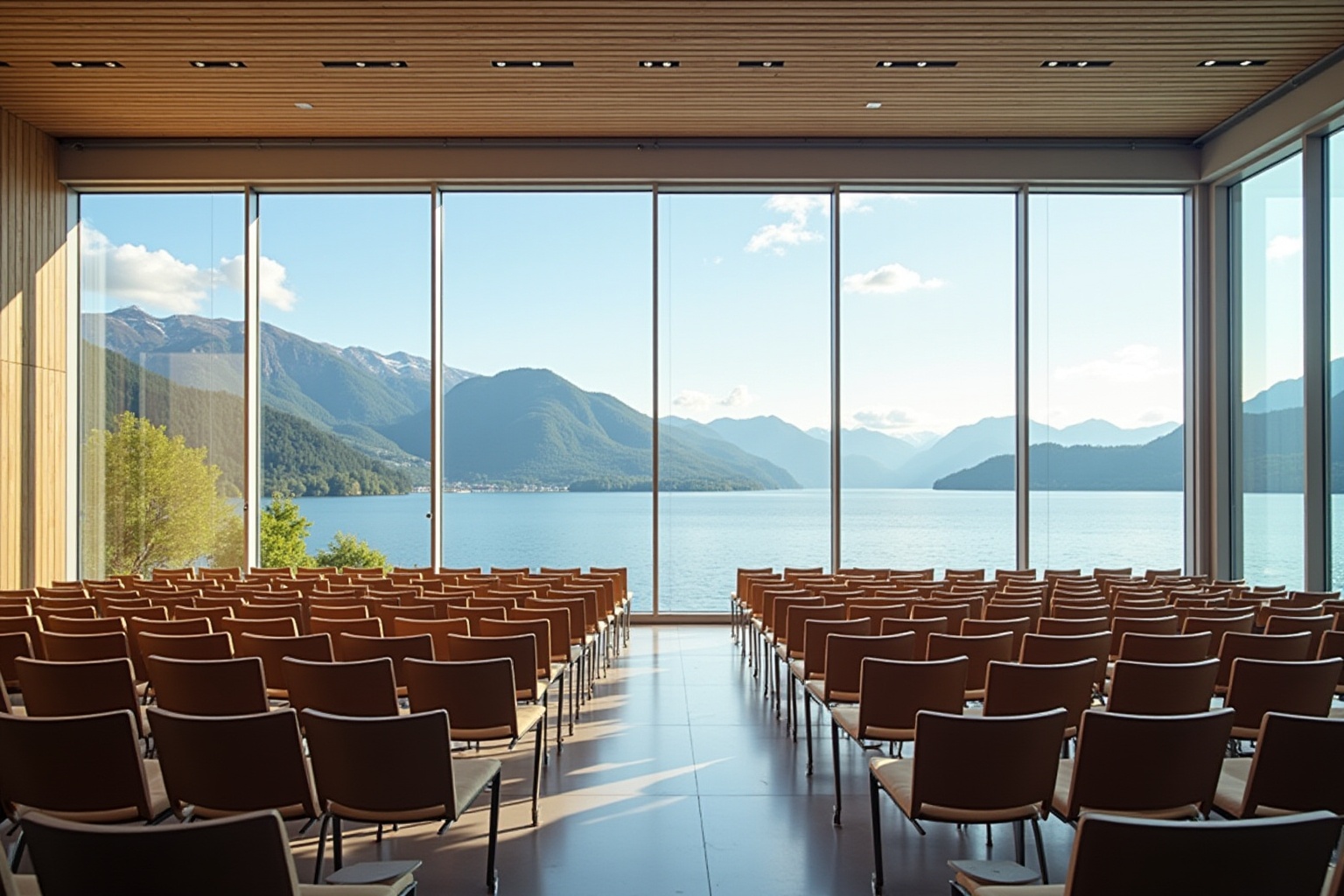Salle de conférence avec vue panoramique sur un lac de montagne.