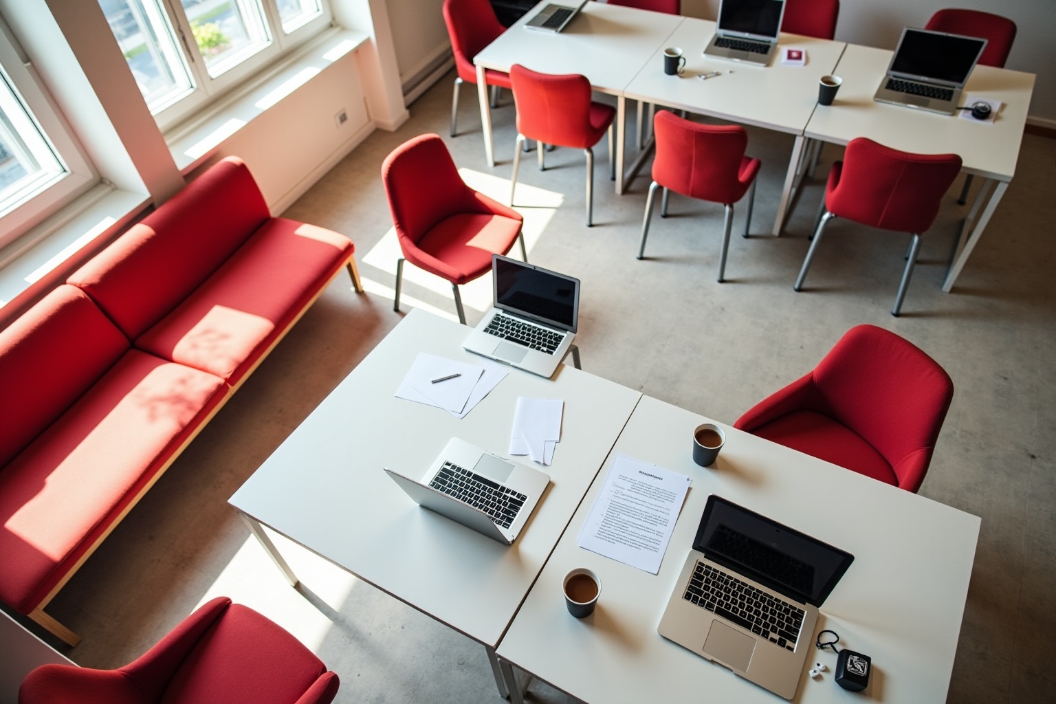 Bureau de travail moderne avec chaises rouges et ordinateurs portables.