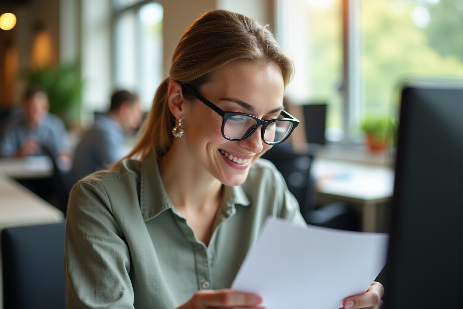 Femme utilise loupe pour examiner document dans espace coworking Lausanne
